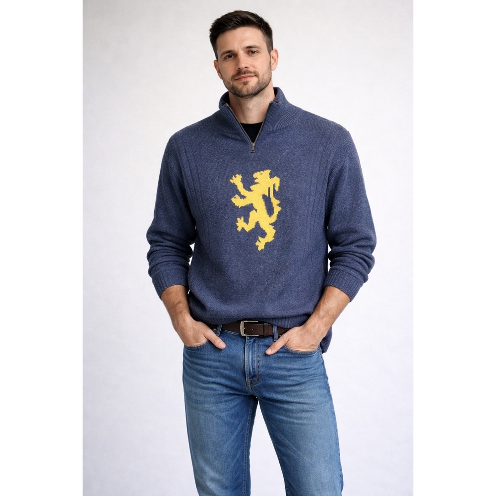 Pringle Mens Blue Quarter Zip Pullover Sweater Yellow Lion Rampant Graphic Large